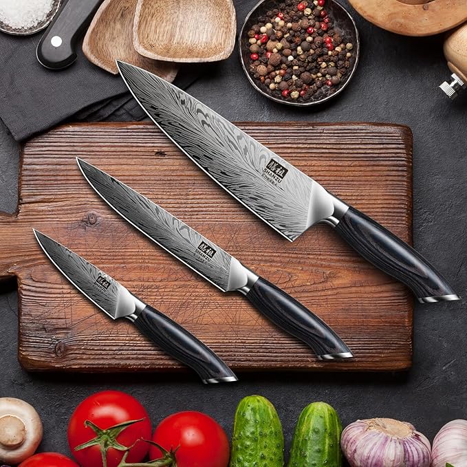 SHAN ZU 3PCS Kitchen Knife Set,Chef Knife Sets in Powder Steel, Ultra Sharp Japanese Knives Set High Carbon Steel Knives Sets, Cooking Knives Set with Ergonomic Pakkawood Handle