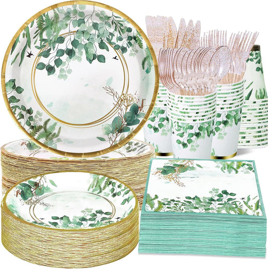 350 Pcs Sage Green Plates and Napkins Party Supplies Serve 50 Sage Green Baby Shower Decorations Eucalyptus Paper Plates and Cups And Napkins Sets for Boho Birthday Wedding Baptism Bridal