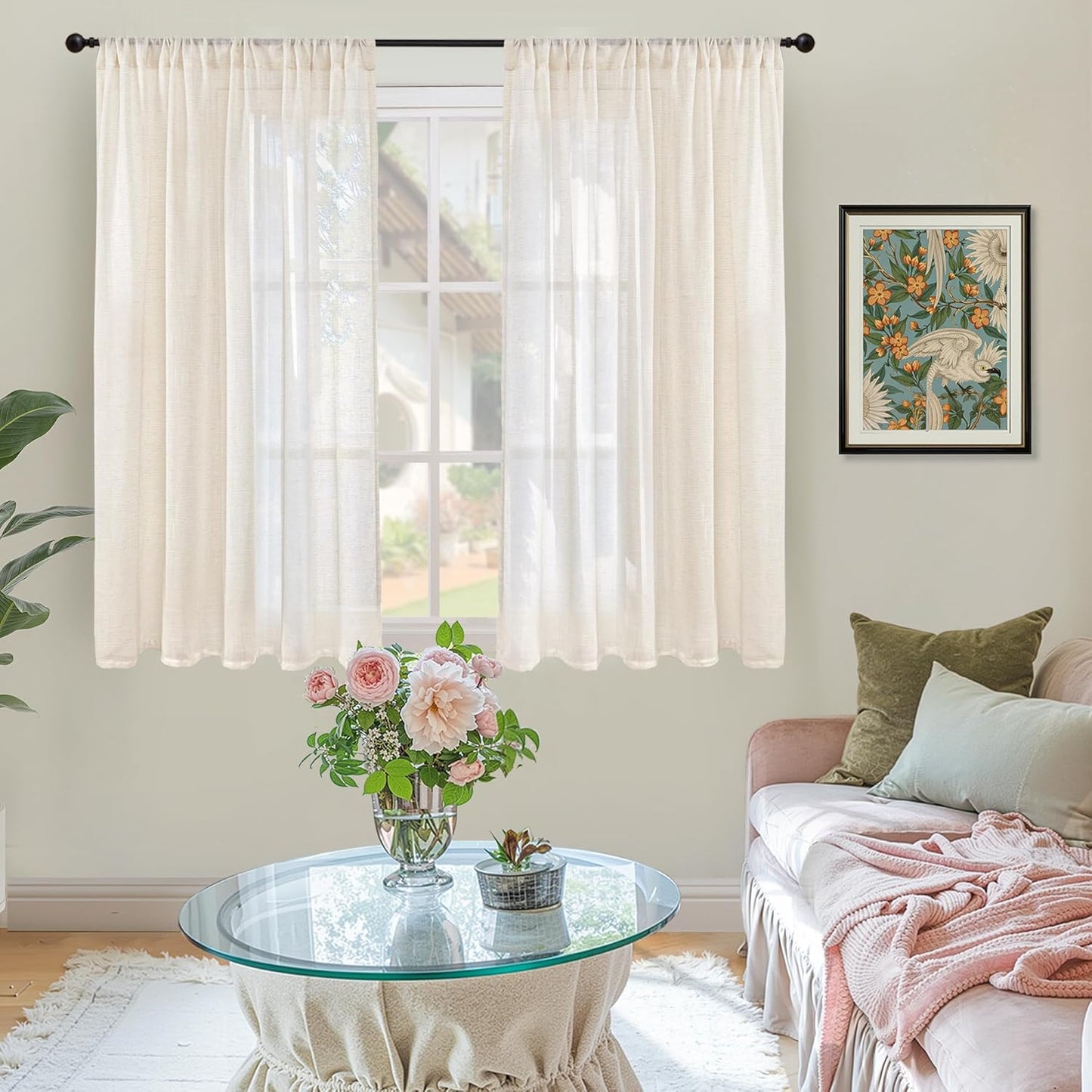 BGment Semi Sheer Linen Curtains 48 Inch Length for Windows, Beige Drapes Light Filtering for Short Bedroom Farmhouse Bathroom Cafe Decor Rustic Lightweight Rod Pocket, 2 Panels Set, 42 Inch Wide