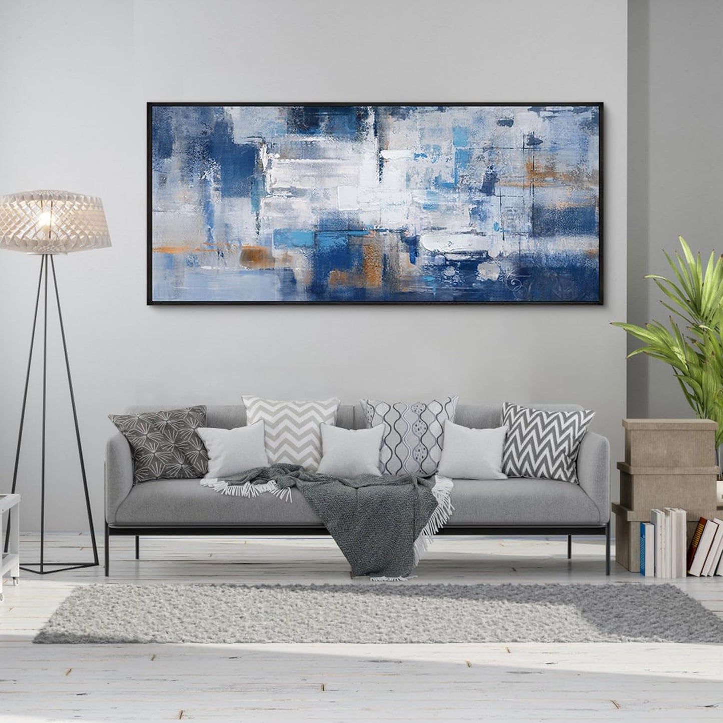 KLAKLA Living Room Wall Art - Navy Blue Abstract Large Paintings Artwork Picture Framed Canvas Bedroom Office Home Decoration Huge Art Work for Wall Decor - 70x31 Inches
