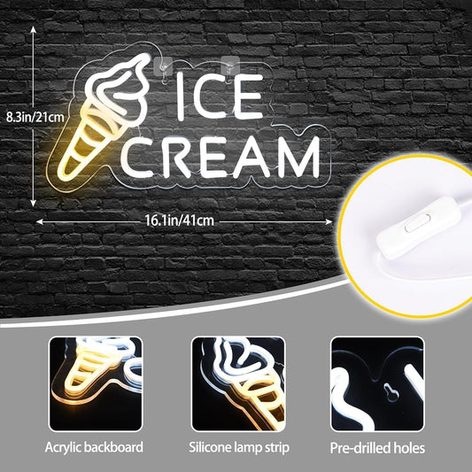 Ice Cream Neon Sign for Wall Decor,Ice Cream Neon Sign for Shop decor,Business Dessert LED light for Bar,Party,Bedroom Decoration,Birthday Christmas Decor,Size16.1 * 8.3 inch(JTLD022)
