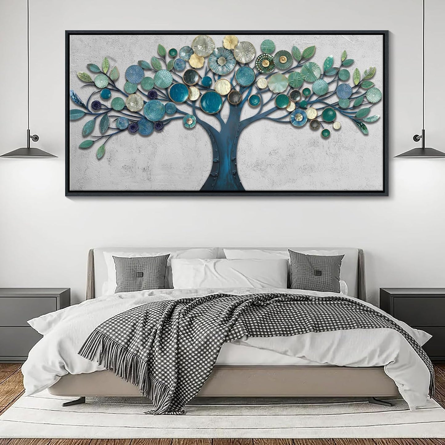 CHATYOUNG Large Wall Art Office - Framed Blue Gold Leaves Gray Background Canvas Print Nature Wall Paintings Artwork for Living Room Bedroom Office Kitchen Home Wall Decor 58"x29"