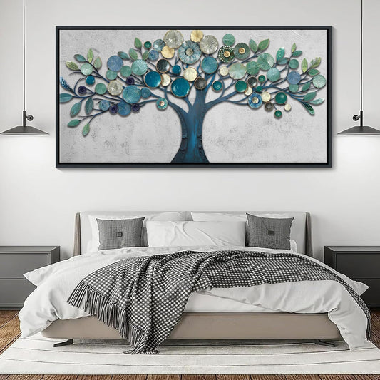 CHATYOUNG Large Wall Art Office - Framed Blue Gold Leaves Gray Background Canvas Print Nature Wall Paintings Artwork for Living Room Bedroom Office Kitchen Home Wall Decor 58"x29"