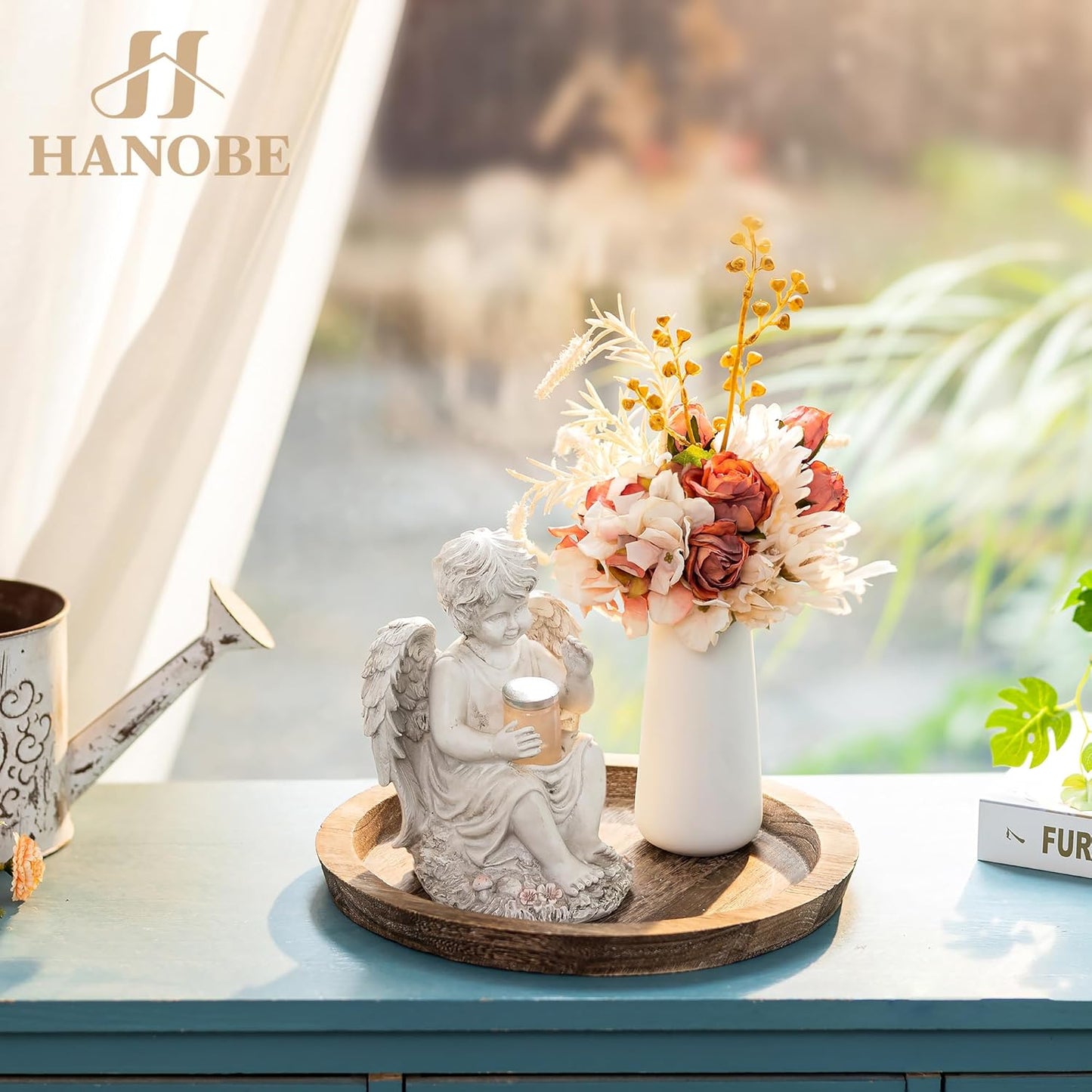 Hanobe Rustic Wooden Serving Tray: Round Wood Butler Decorative Tray Vintage Centerpiece Candle Holder Trays Farmhouse Ottoman Tray for Decor Countertop Home Decor Accessories for Coffee Table