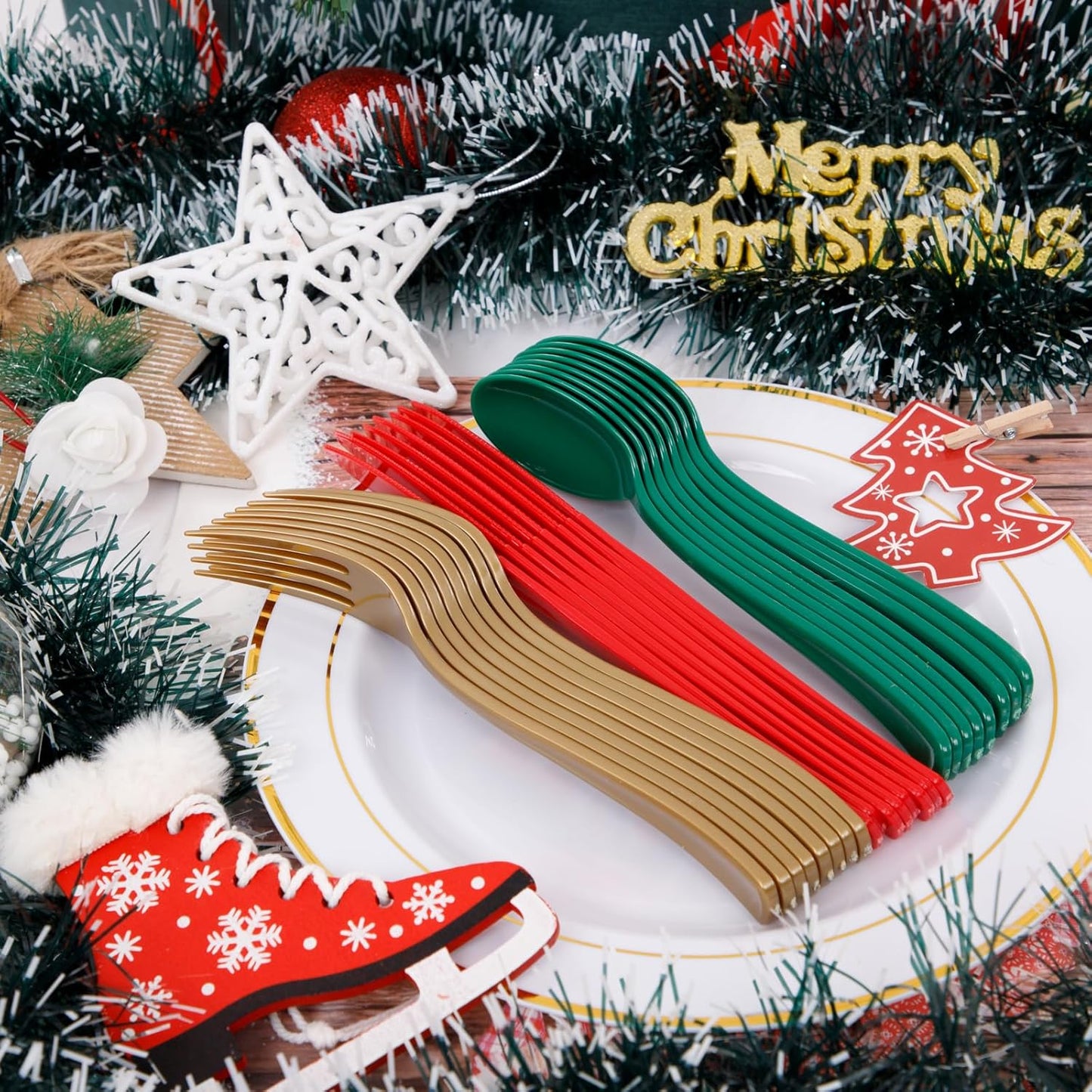 WDF 180 Pieces Plastic Christmas Silverware - Disposable Cutlery Set Incluede 60 Gold Forks, 60 Red Knives and 60 Green Spoons - Heavy Duty Plastic Flatware - Disposable Utensils for Christmas