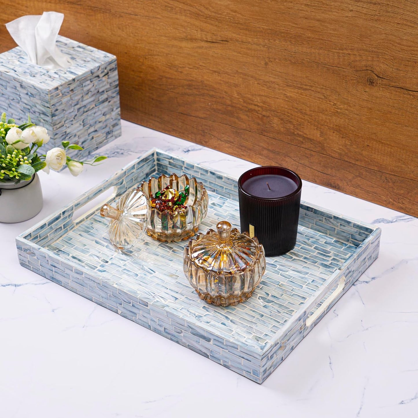 CLAYNIX Serving Tray 12.5 Inch, Wooden Lacquer Tray with Mother of Pearl Inlay, Elegant Tea & Breakfast Tray with Handles (Rectangle)