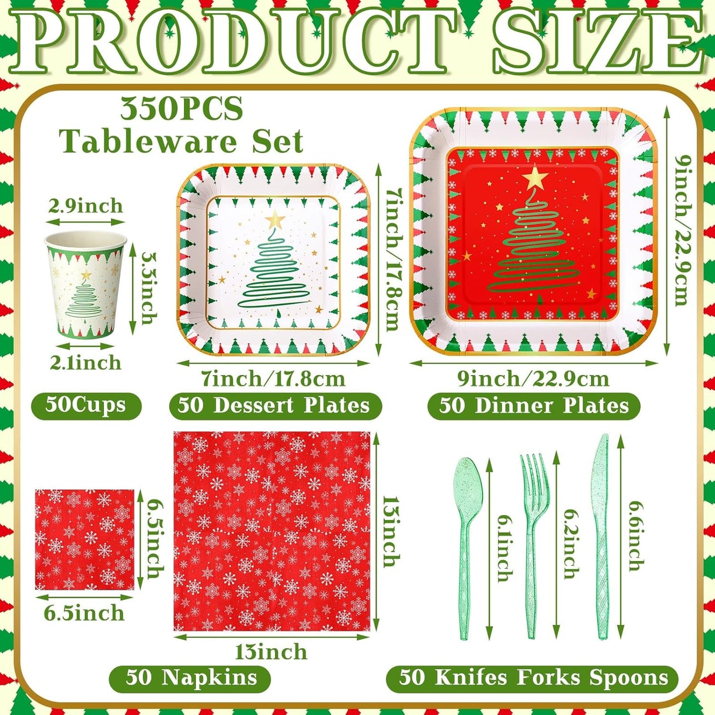 350 Pcs Paper Plates and Napkins Set Disposable Dinnerware Party Supplies Tableware Serve 50 Guest Cups Knife Forks Spoon(Red, Green,Christmas Tree)