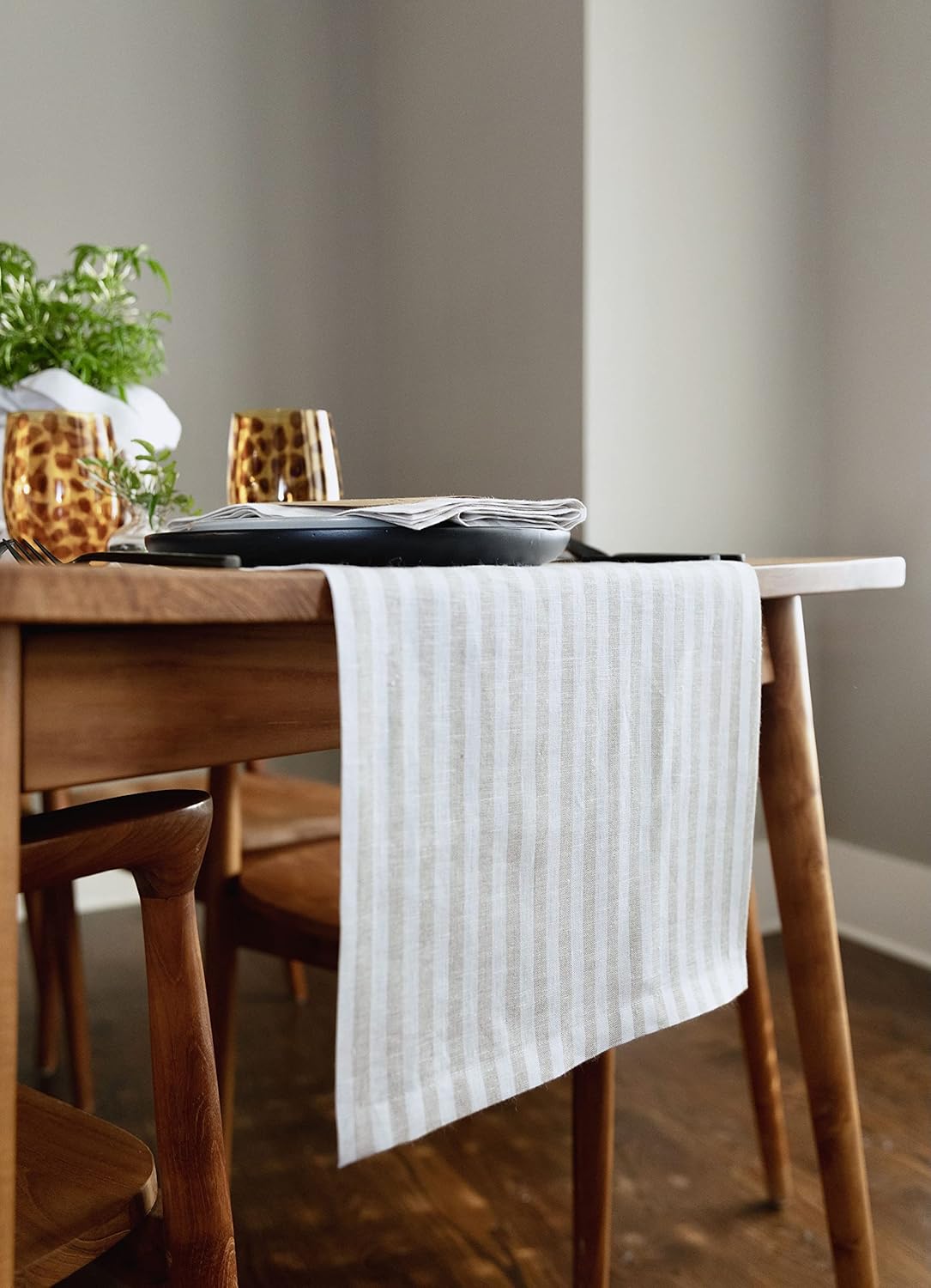Solino Home Linen Table Runner 48 Inches - Amalfi Stripe 100% Pure Linen Natural and White Table Runner 14 x 48 Inch Ideal for Dresser and Coffee Tables - Fall, Halloween, Thanksgiving, Christmas
