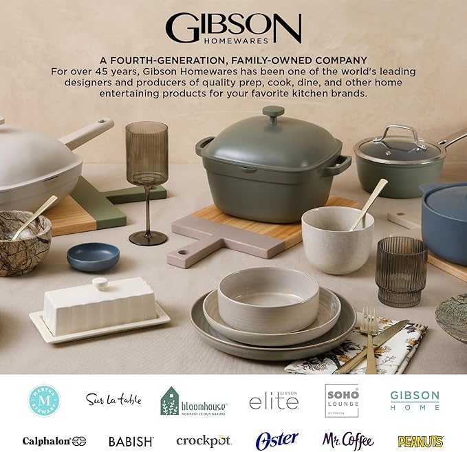 Gibson Elite 12 Piece (Service for 4) Townscape Plates and Bowls Reactive Glaze Embossed Round Dishes Terracotta Ceramic Dinnerware Set - Cream White