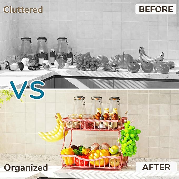 Large 2-Tier Fruit Basket for Kitchen Counter with 2 Banana Hangers – Metal Fruit Bowl for Onion, Vegetable, Snacks, Breads Storage – Countertop Organizer – Pink