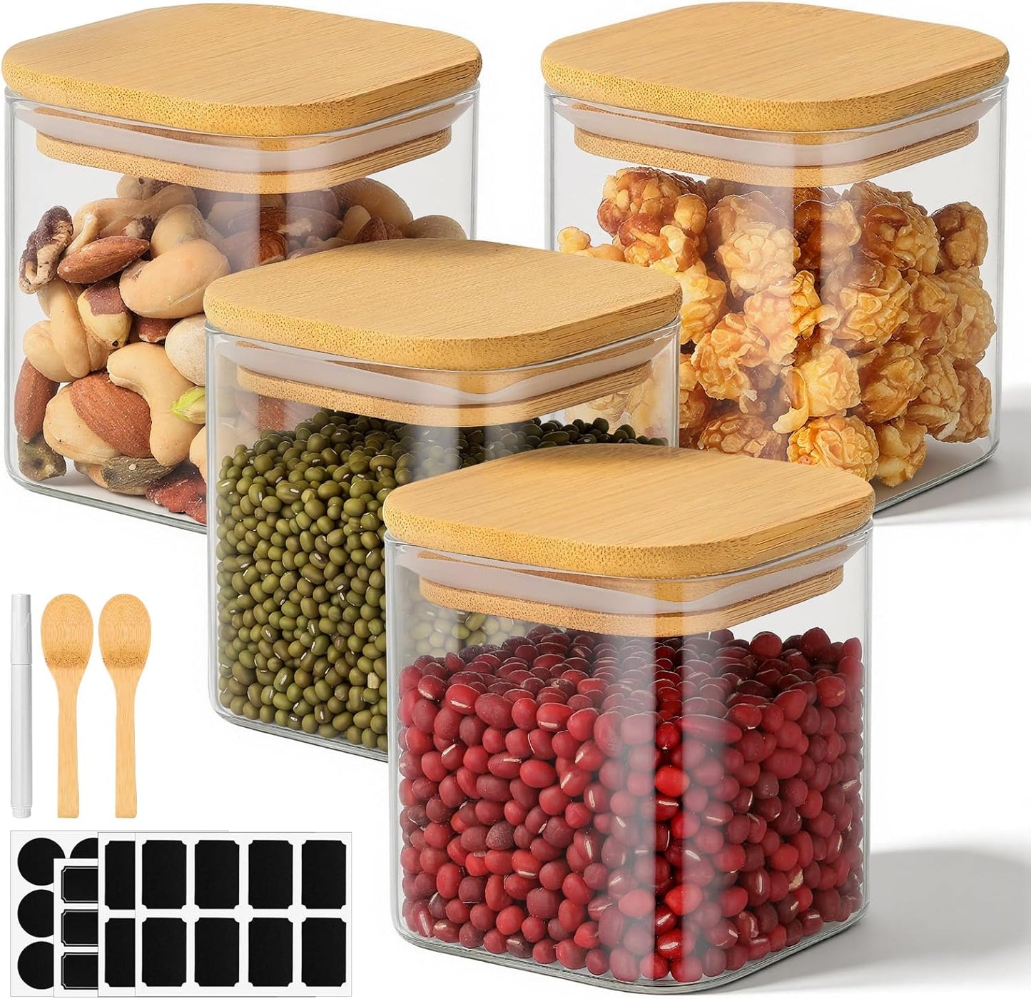 Square Glass Jars with Bamboo Lids, 12 Fl.oz Glass Storage Jars with Airtight Lids Set of 4, Clear Pantry Canister for Spice, Sugar, Coffee Bean, Tea, Oats - Included Labels, Marker and Spoon