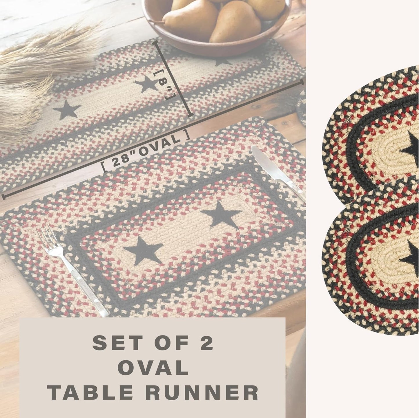 Homespice Primitive Star Gloucester Jute Braided Table Runner, Warm Primitive Decor, Set of 2, Black and Red Oval 8x28 - Rich Colors, Easy to Clean, Durable and Protects Furniture