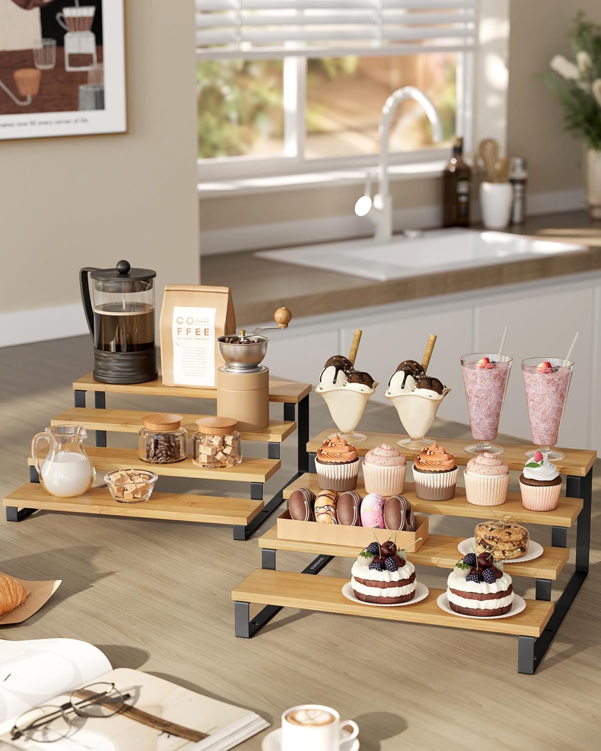 SONGMICS Display Risers, Set of 2 Engineered Wood Perfume Organizer Stand, 4-Tier Cupcake Stand Holder, Spice Rack, Shelf Risers for Figures, Dessert Shelves, Natural Beige and Ink Black UKCS216N01