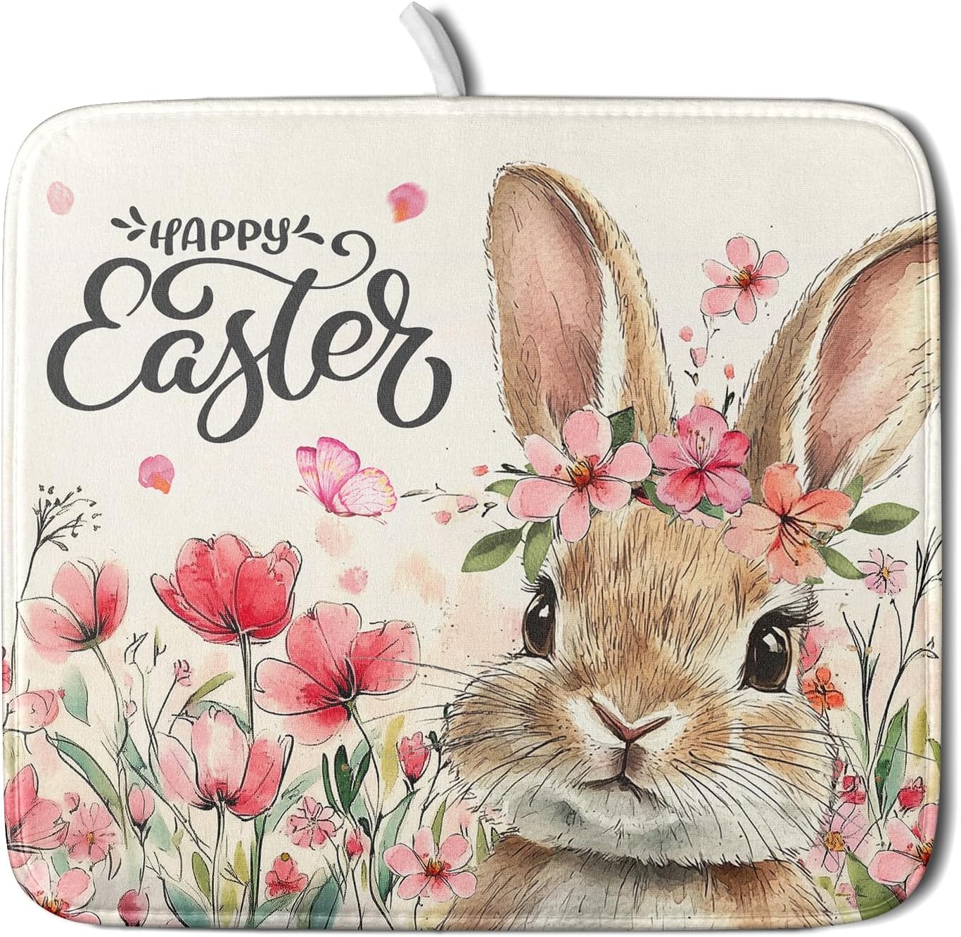 Easter Bunny Dish Drying Mats 16x18 Inch,Cute Rabbit Flowers Absorbent Microfiber Dishes Drainer Rack Mat Quick Dry Drying Pad for Countertop Sink Bar Utensils Holiday Decor