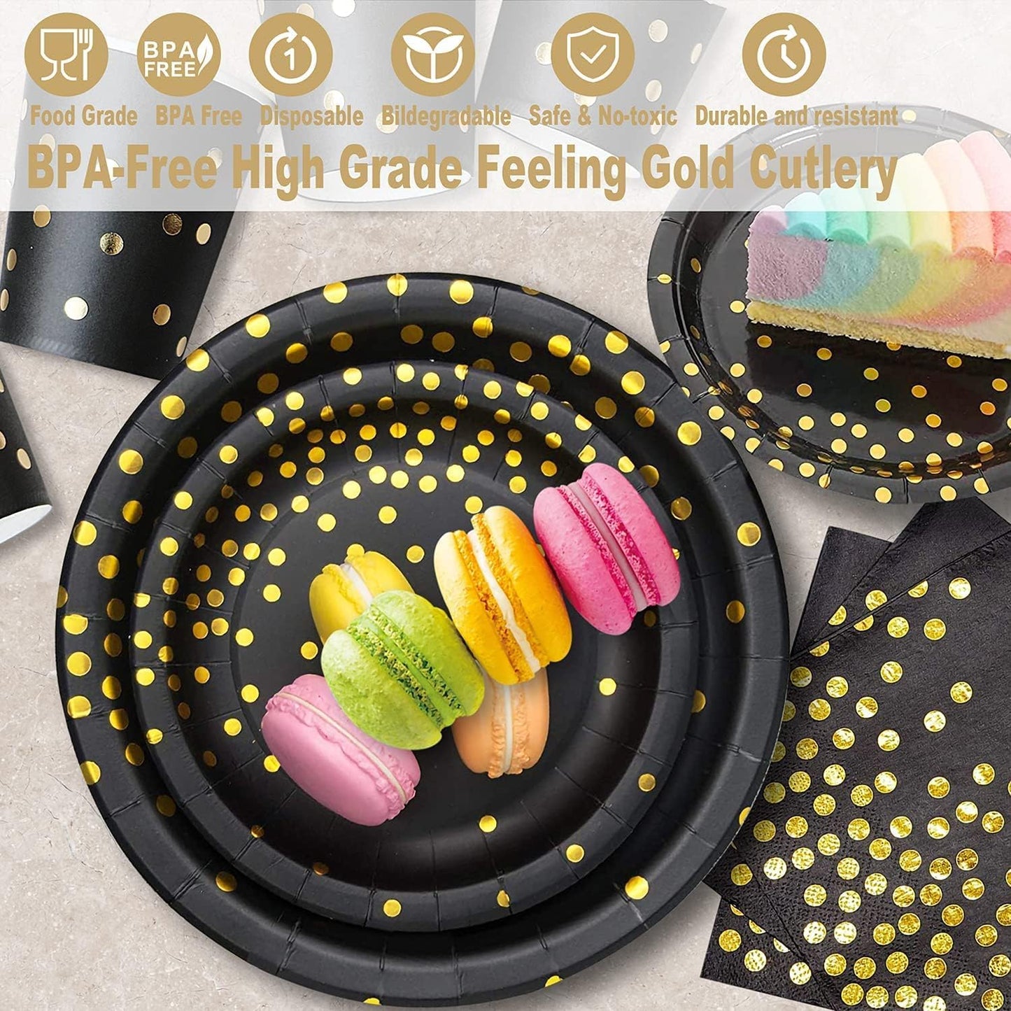 AIRE 175PCS Black Gold Paper Plates Party Supplies Dinnerware Sets for 25 Guests, Disposable Paper Party Plates, Dessert Plates, Cups, Napkins, Plastic Spoons, Forks, Knives for Wedding, Birthday
