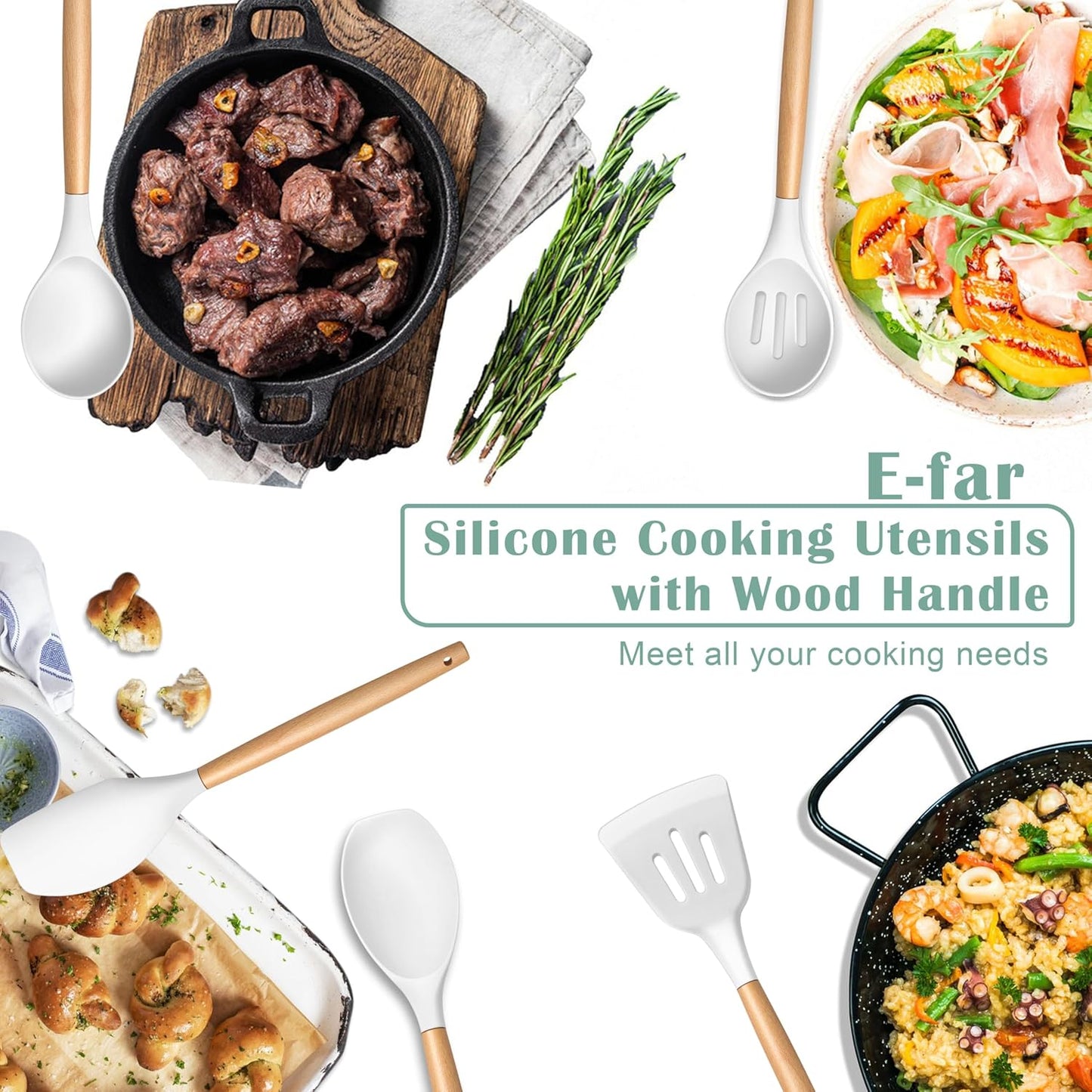 E-far Silicone Cooking Utensils Set, 5-Piece Kitchen Utensils Set with Wooden Handle for Cooking, Silicone Kitchen Nonstick Tools Spatula Turner Slotted Spoons, Nontoxic & Heat Resistant-White