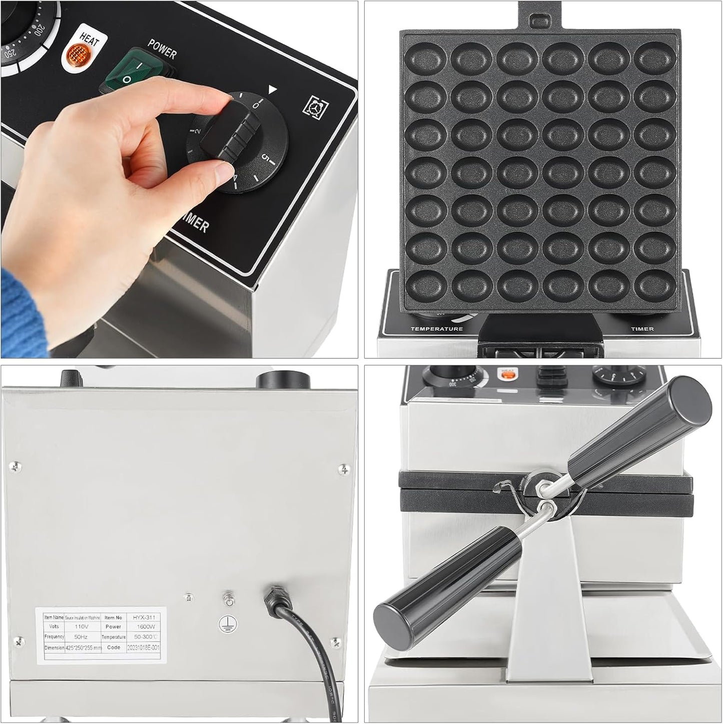 1200W Commercial Mini Pancake Maker, 42 Grids Electric Waffle Maker Non-Stick Stainless Steel Belgian Waffle Iron w/Time & Temper Adjustable|180° Rotating, Large Waffle Machine for Restaurant