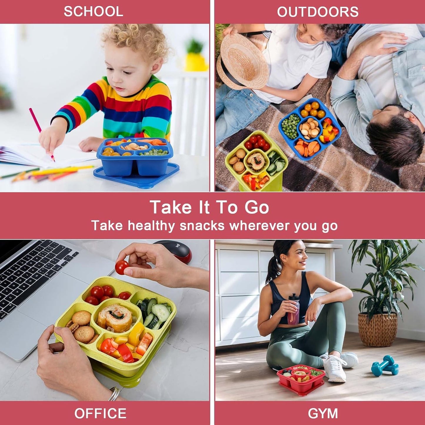 Caperci Original Bento Snack Box Containers - Reusable 5-Compartment Lunchable Food Storage Containers for School, Work and Travel, BPA-Free, Set of 4 (Jewel Bright)