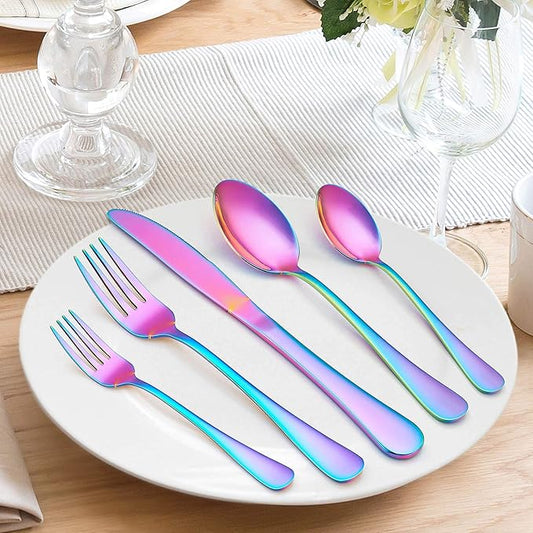 LIANYU Rainbow Flatware Cutlery Set, 20 Piece Stainless Steel Colorful Silverware Set for 4, Tableware Eating Utensils, Mirror Finish, Dishwasher Safe