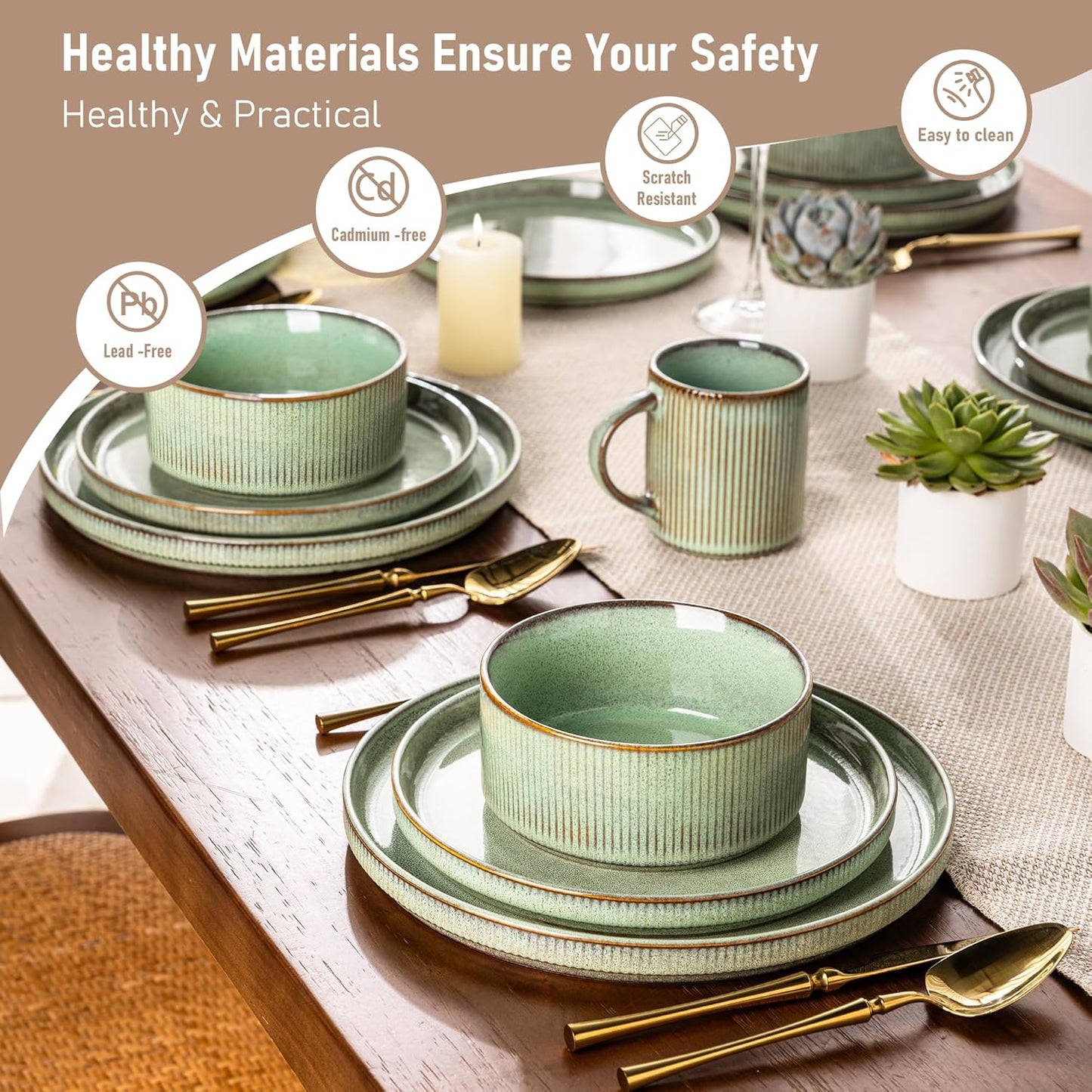 GBHOME Stoneware Dinnerware Sets for 4,Round Reactive Glaze Ceramic Plates and Bowls Set,Highly Scratch Resistant | Dishwasher & Microwave Safe Dishes Set,Service for 4(12Pcs)