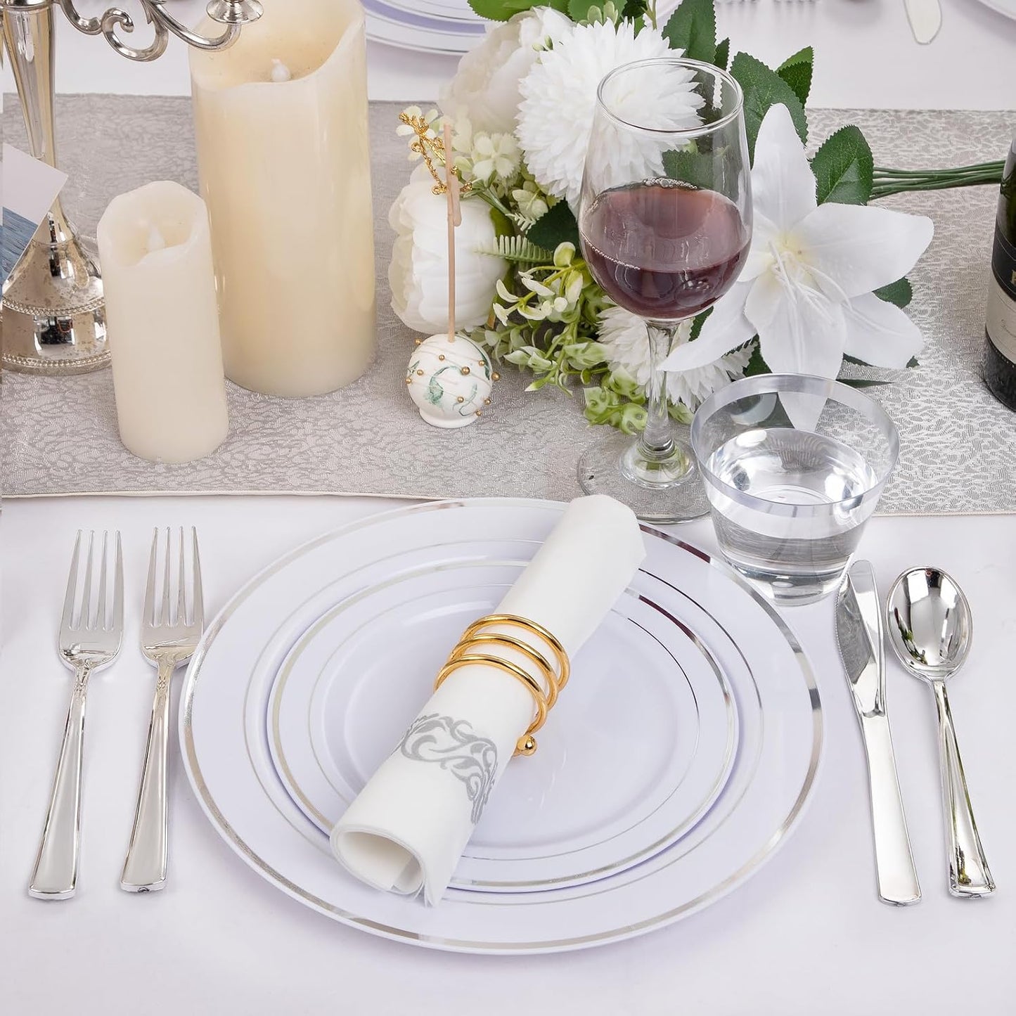 175Pcs Silver Plastic Dinnerware Set, Plastic Plates Disposable for 25 Guests Include:25 Dinner Plates, 25 Dessert Plates, 25 Paper Napkins, 25 Cups, 25 Silver Plastic Silverware Set