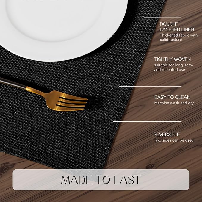 Romanstile Cloth Placemats Set of 8-12 x 18 Inch, Heat Resistant Double Layered Thickened Burlap Place Mats, Washable Faux Linen Farmhouse Table Mats for Kitchen/Dining/Party/Outdoor, Black