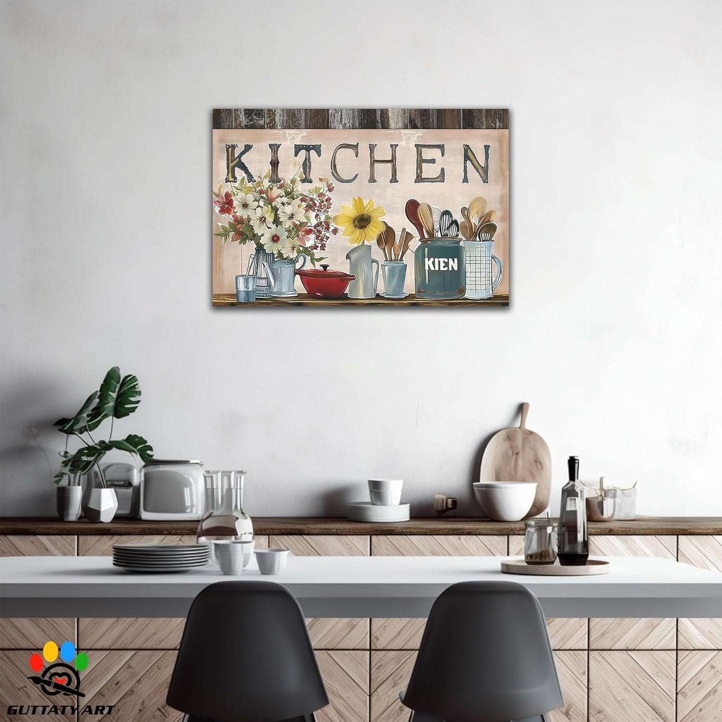 GUTTATY Farmhouse Wall Art Rustic Kitchen Decor, Ready to Hang Kitchen Canvas Print Sunflowers And Various Spoons,Retro Posters Prints for Dinning Room Home Kitchen Restaurant Painting 24×36 Inch