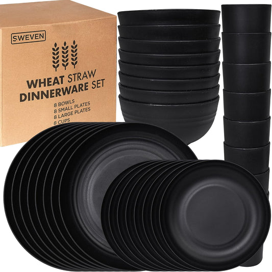 Wheat Straw Dinnerware Sets | Unbreakable Dinnerware Sets | Dishwasher Microwave Safe Dinnerware | Eco Friendly Non Breakable Dinnerware Sets | RV Outdoor Camping (Black, Service for 8 (32 pcs))