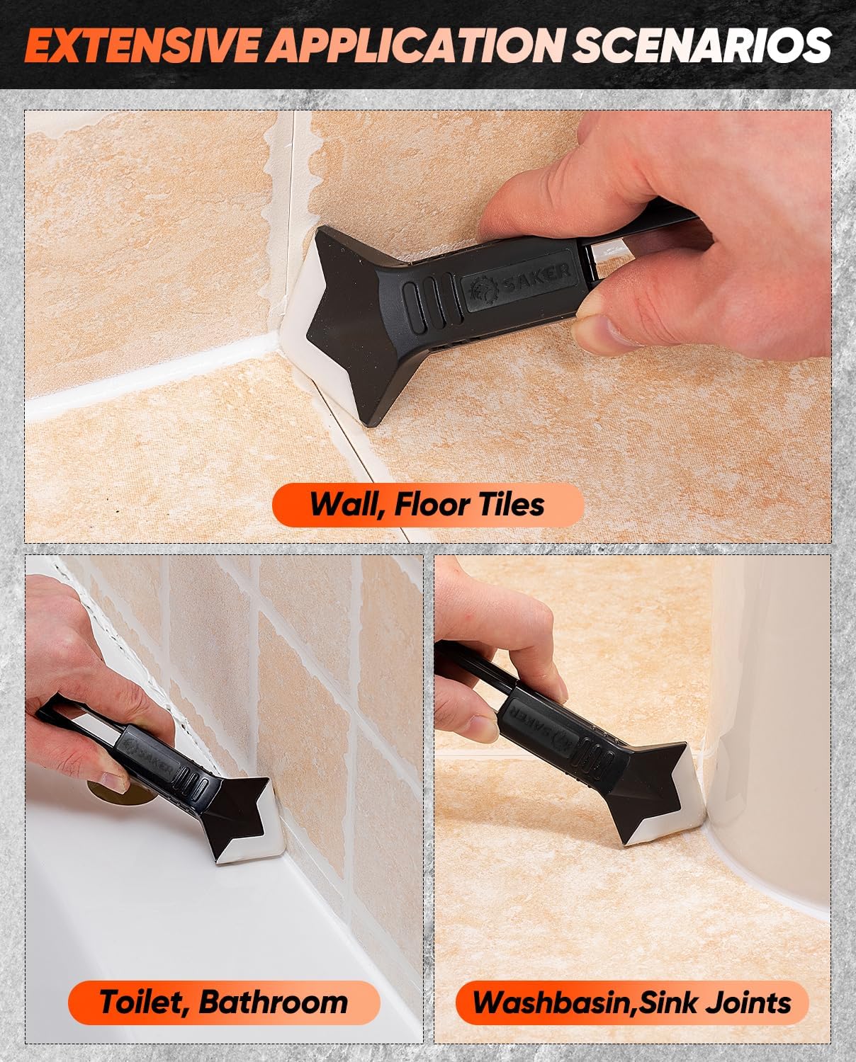 Saker Silicone Caulking Tools-3 in 1 Sealant Finishing Tool Grout Remove Scraper (Stainless Steelhead),Caulk Remover Glass Glue Angle Scraper for Bathroom,Kitchen,Floor,Window,Sink Joint,Frames Seal