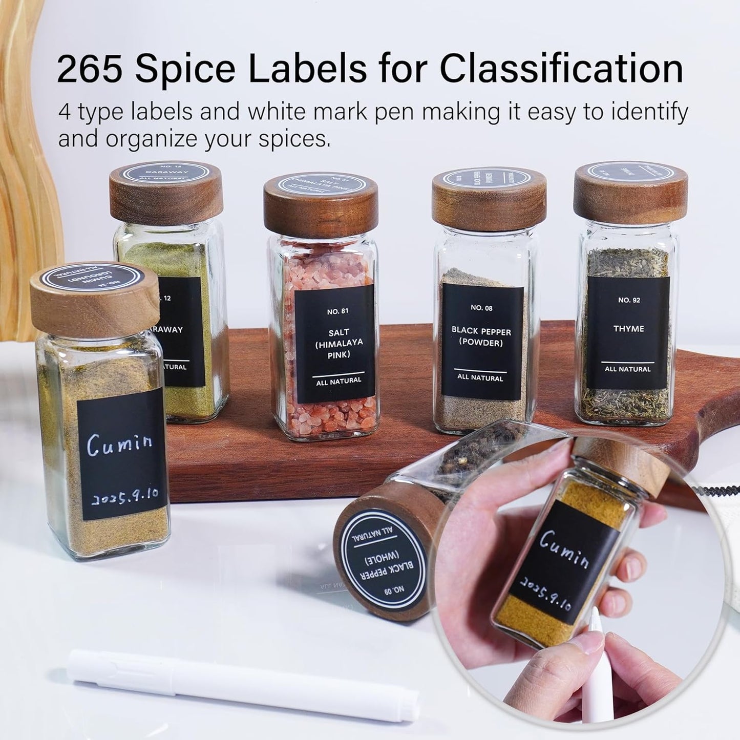 Spice Jars with Labels 24 Pack 4 oz Glass Spice Containers with Wooden Lids, Empty Seasoning Jars Set with Funnel, Brush & Marker, Square Glass Jars for Kitchen Pantry Organization & Storage