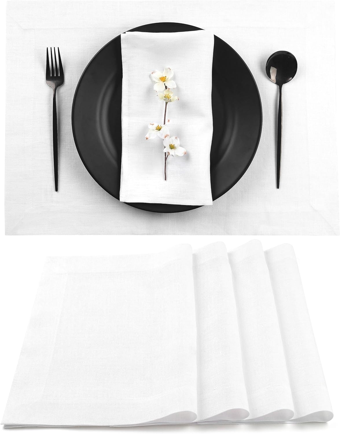 D'Moksha Homes Linen White Placemats Set of 4-100% Pure Linen Placemats 14 x 19 Inch for Fall, Autumn and Halloween - Handcrafted and Machine Washable