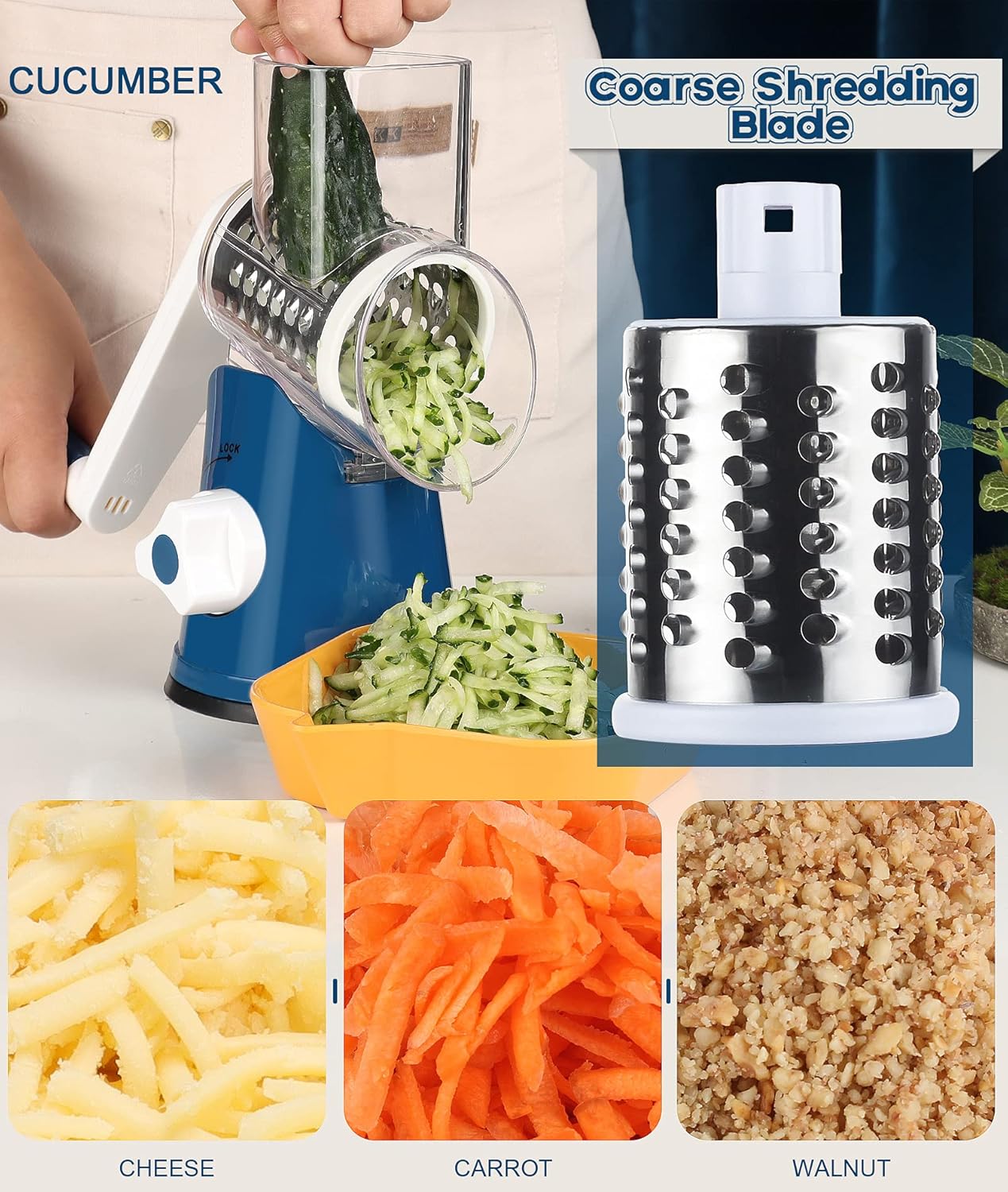 Ourokhome Rotary Cheese Grater Hand Crank, Kitchen Shredder Speed Mandolin Slicer Nut Grinder with Handle and Drum Blades for Cheese, Vegetable, Walnut, Chocolate, Potato, Carrot, 3 Blades, Dark Blue