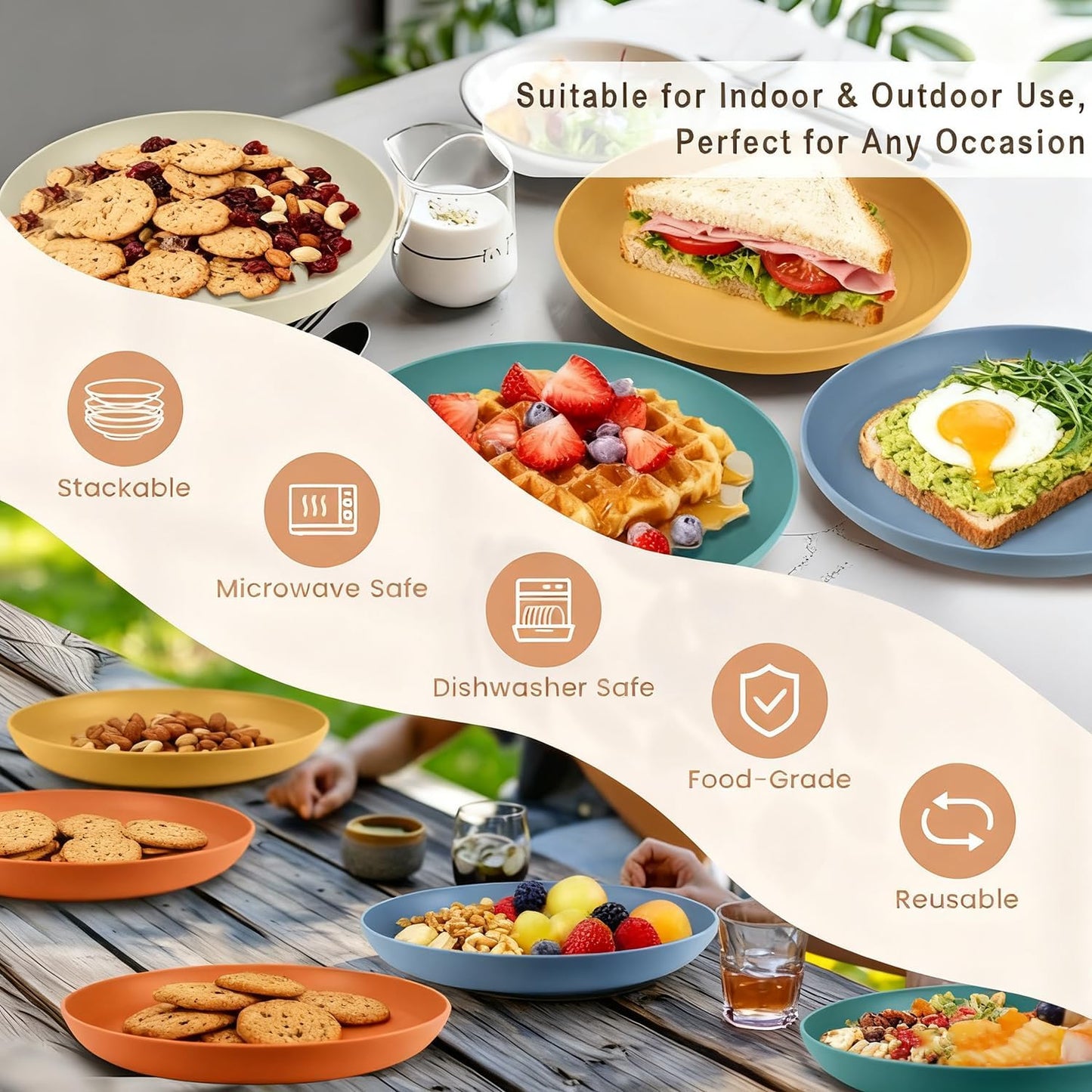 Homienly Deep Dessert Plates, Wheat Straw Plate Set of 6, Alternative to Plastic Plates Reusbale, Dishwasher and Microwave Safe Plates for Kitchen, Unbreakable Plate for Cake, Sncak (8 Inch, Multi)