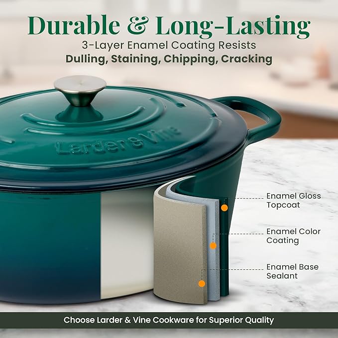 Larder & Vine Enameled Cast Iron 8 qt Dutch Oven Pot with Lid | Bread Baking | Compatible on All Cooktops & Oven Safe to 500° F | Great for Sourdough Bread | Bondi