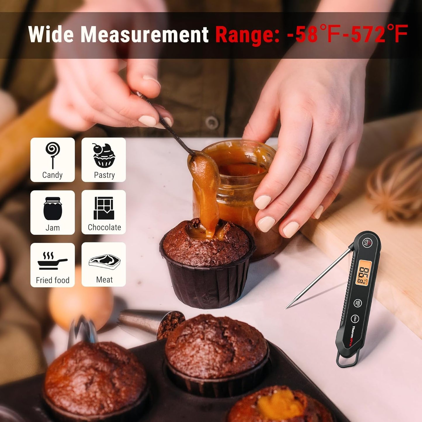 ThermoPro Digital Instant Read Meat Thermometer for Grilling Waterproof Kitchen Food Thermometer with Calibration & Backlight Smoker Oil Fry Candy Thermometer for Commercial Bakeware