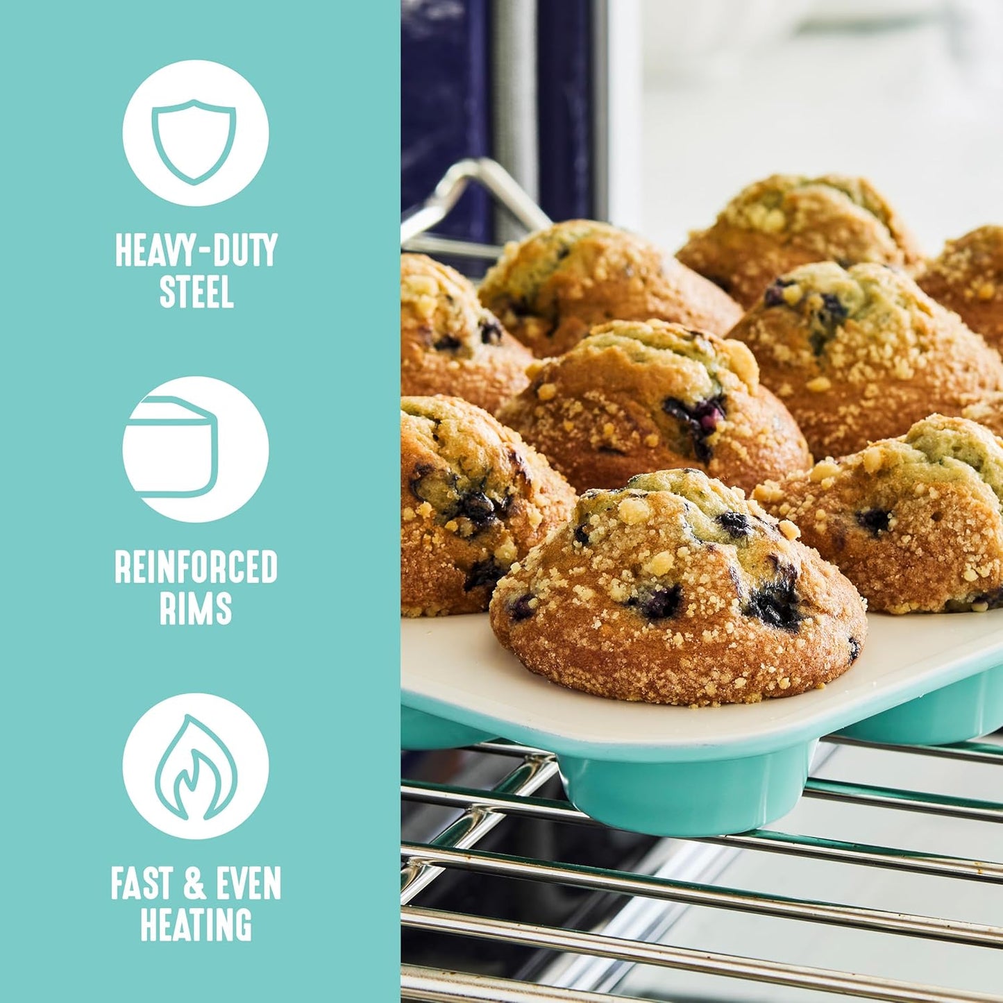 GreenLife 6 Piece Nonstick Bakeware Set, Non-Toxic PFAS-Free Ceramic Oven Pans, Dishwasher & Oven Safe to 450°F, Easy Release Baking Sheet, Loaf Pan, Rectangle & Round Cake, Muffin Pan, Turquoise