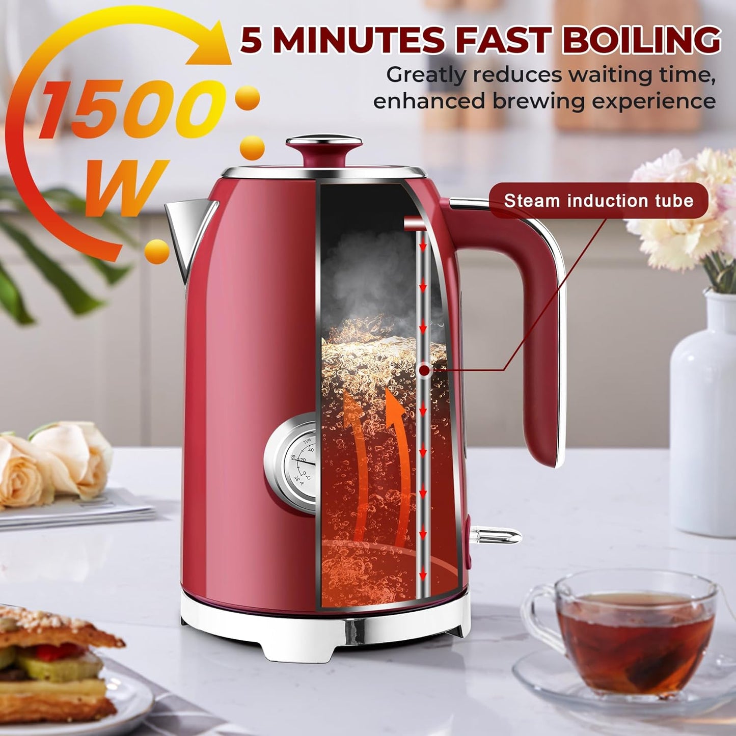 SUSTEAS Electric Kettle - 57oz Hot Tea Water Boiler with Thermometer, 1500W Fast Heating Stainless Steel Pot, Cordless LED Indicator, Auto Shut-Off & Boil Dry Protection, Red