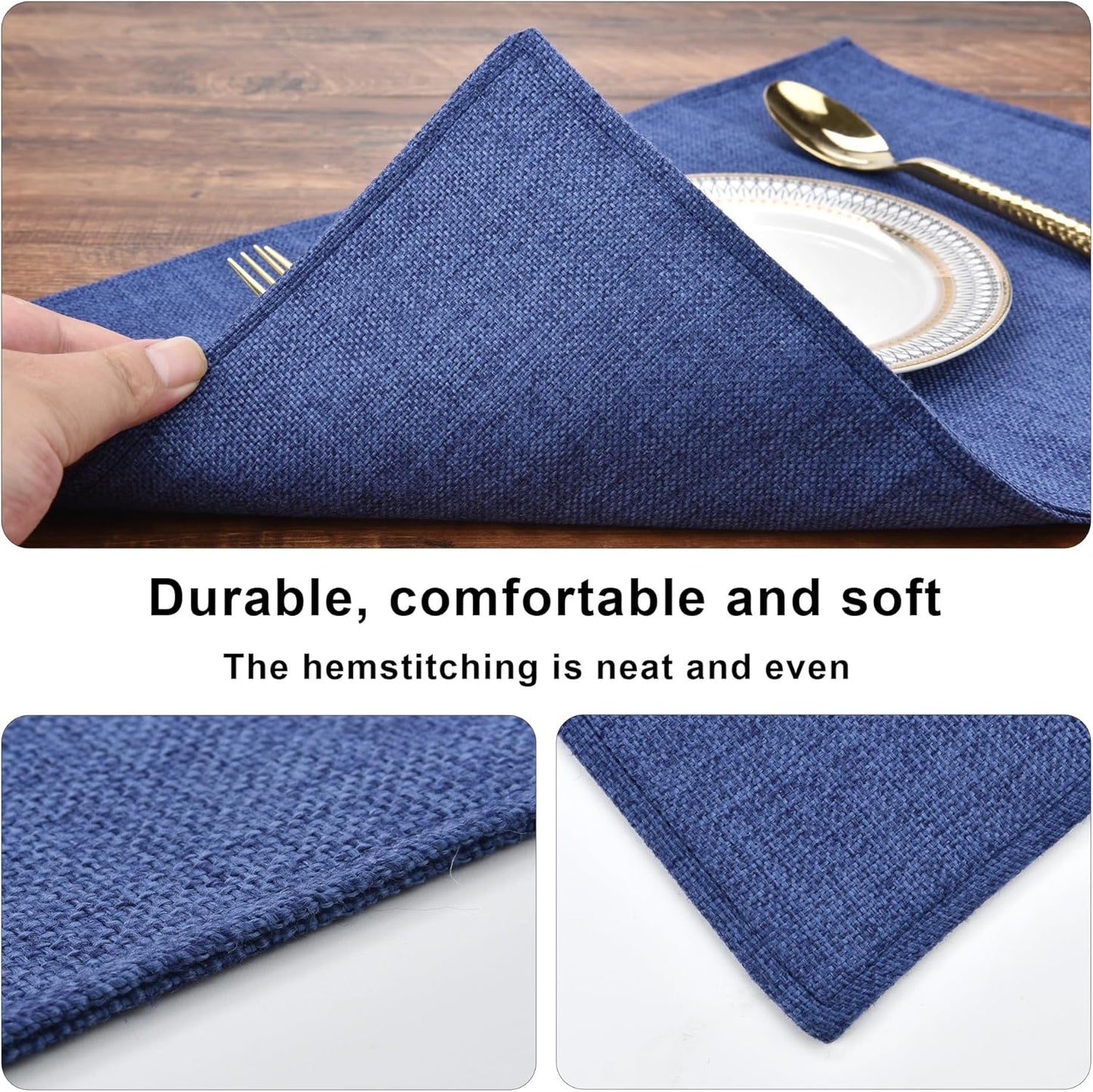 SLKQG Blue Linen-Look Placemats Set of 6, Heat Resistant & Machine Washable Double-Layered Cloth Placemats for Dining Table, Indoor/Outdoor Use, Non-Slip Kitchen Table Mats (6, Navy Blue)