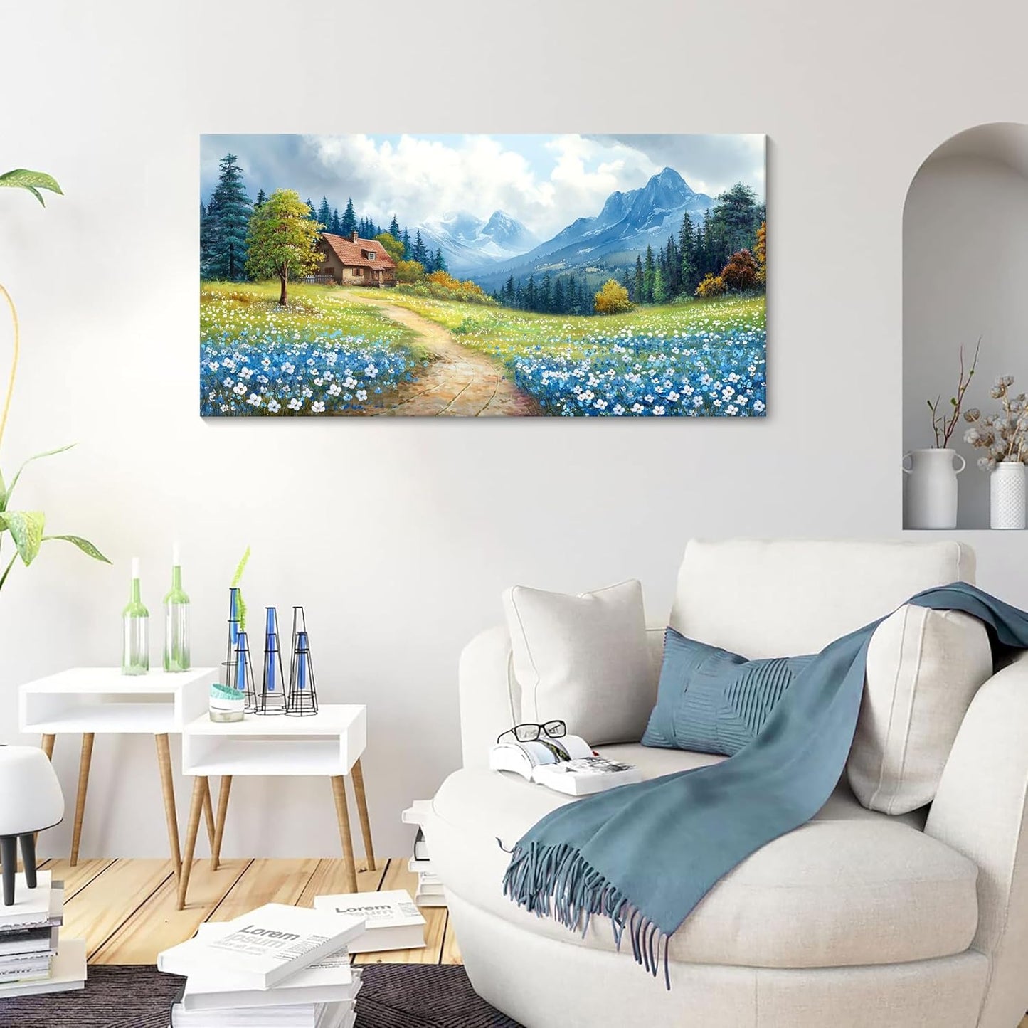 CHATYOUNG Bathroom Canvas Wall Art Paintings, Blue Mountains Wild Flowers Rustic Landscape Prints Wall Pictures Large 20"X40" for Living Room Bedroom Bathroom Home Decor Gift