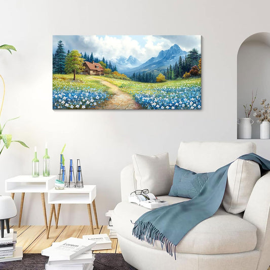 CHATYOUNG Bathroom Canvas Wall Art Paintings, Blue Mountains Wild Flowers Rustic Landscape Prints Wall Pictures Large 20"X40" for Living Room Bedroom Bathroom Home Decor Gift