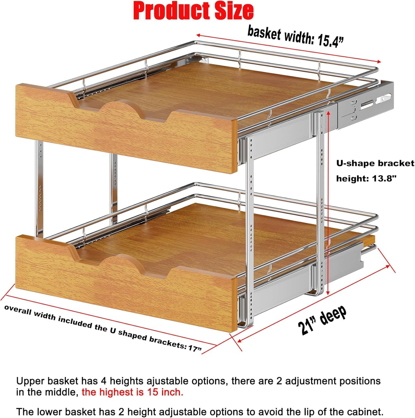 DINDON 2 Tier Pull Out Cabinet Organizer (17" W x 21" D) Slide Out Wood Shelf Double Tier Kitchen Wire Basket With Chrome Finish…