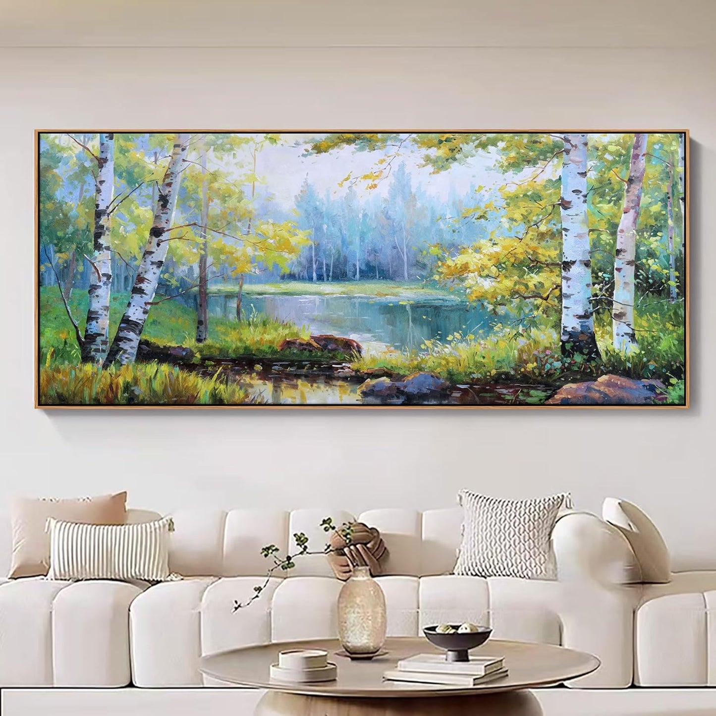 YCPRIMER Extra Large Forest Wall Art Green Trees Picture for Living Room Birch Tree Painting for Living Room Bedroom Decoration Landscape Canvas Wall Decor Framed Artwork Size 70×31inchs