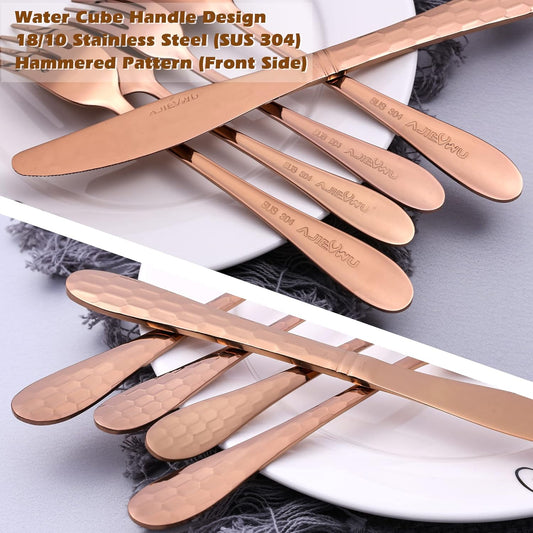 Hammered Silverware Set 20-Piece, 18/10 Stainless Steel Flatware Cutlery Silverware Set Service for 4, Unique Design Knife Fork Spoon Silverware Set, Mirror Polished,Dishwasher Safe (Rose Gold)