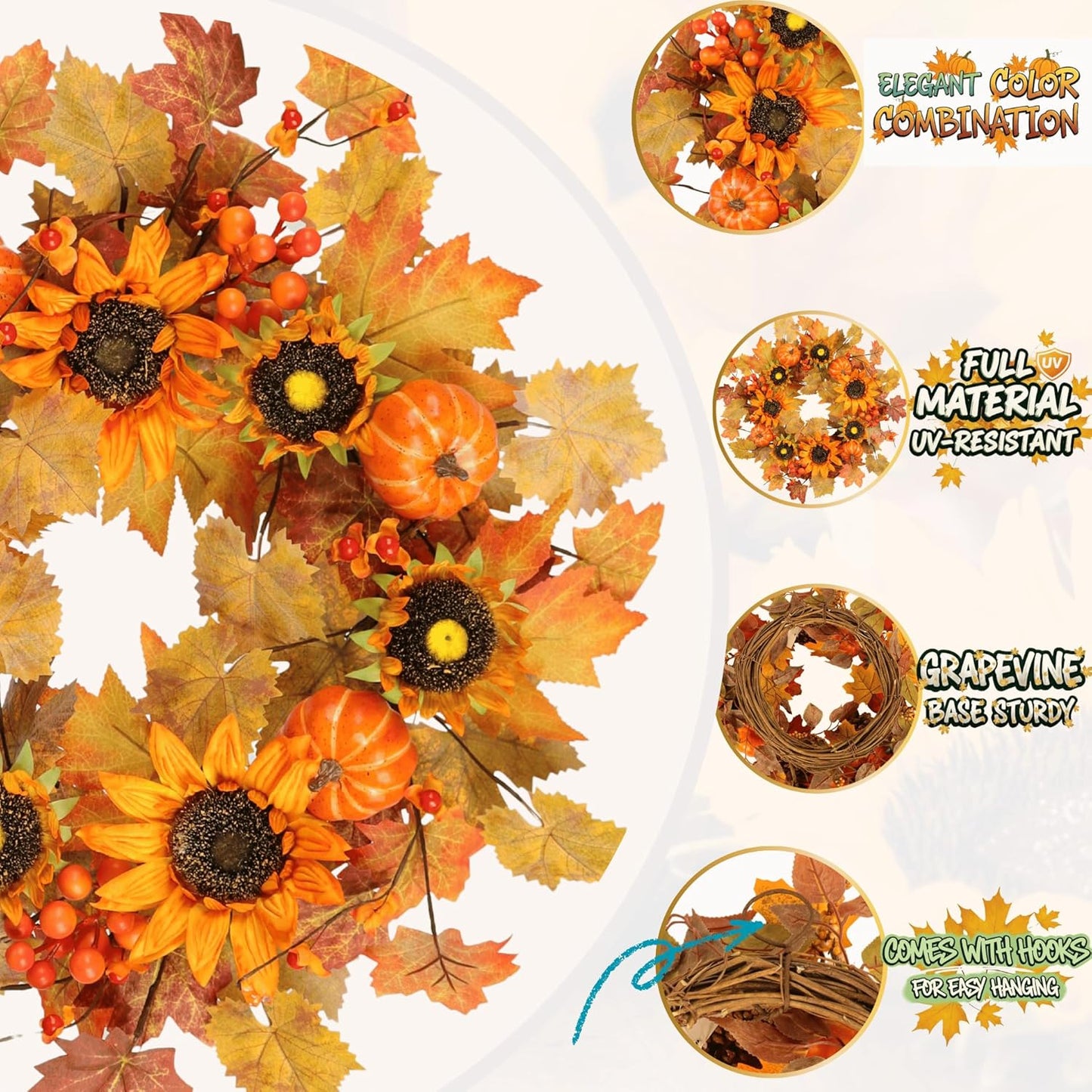 22 Inch Fall Wreath for Front Door with Sunflowers and Pumpkins, Artificial Autumn Harvest Wreath with Maple Leaves & Berries for Thanksgiving Holiday Home Decor Indoor Outdoor