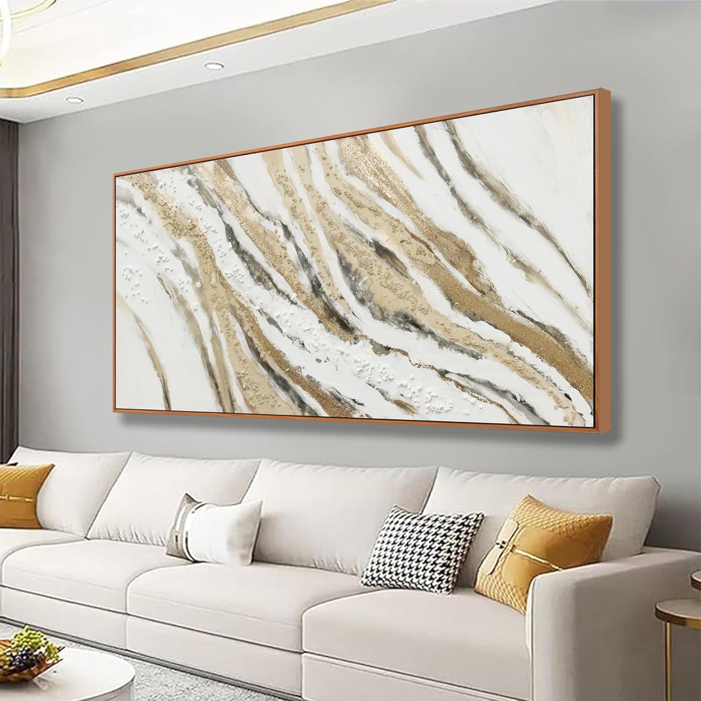 Abstract Canvas Wall Art Large Size Modern Art Paintings Abstract Painting With Golden And White Lines Minimalist Artwork Decor For Living Room Bedroom Corridor Framed 29" X 58"