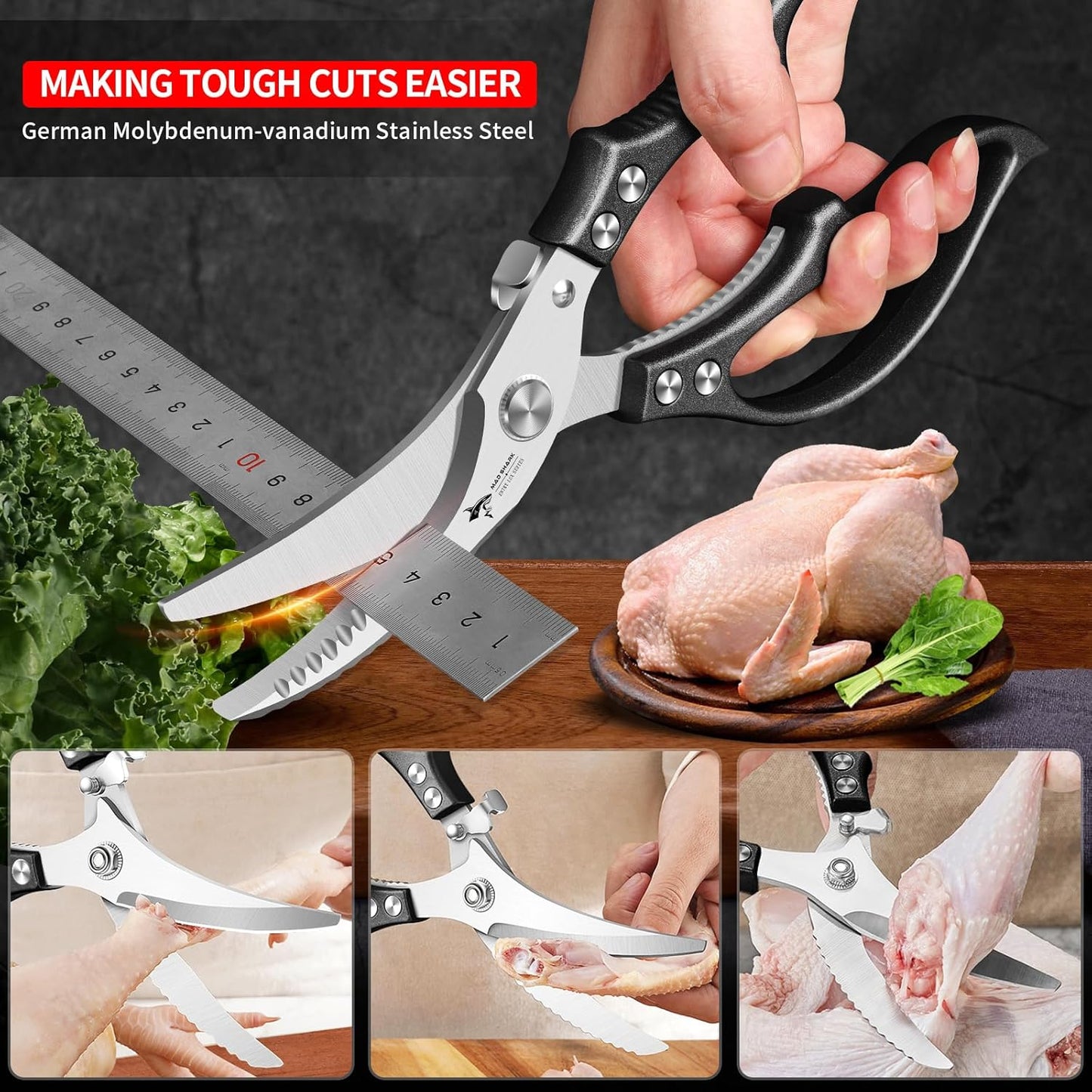 MAD SHARK Professional Heavy Duty Poultry Shears - Kitchen Shears for Spatchcocking Chicken and Meat Cutting, Multi-Purpose Kitchen Scissors for Food, Spring-loaded (Black)