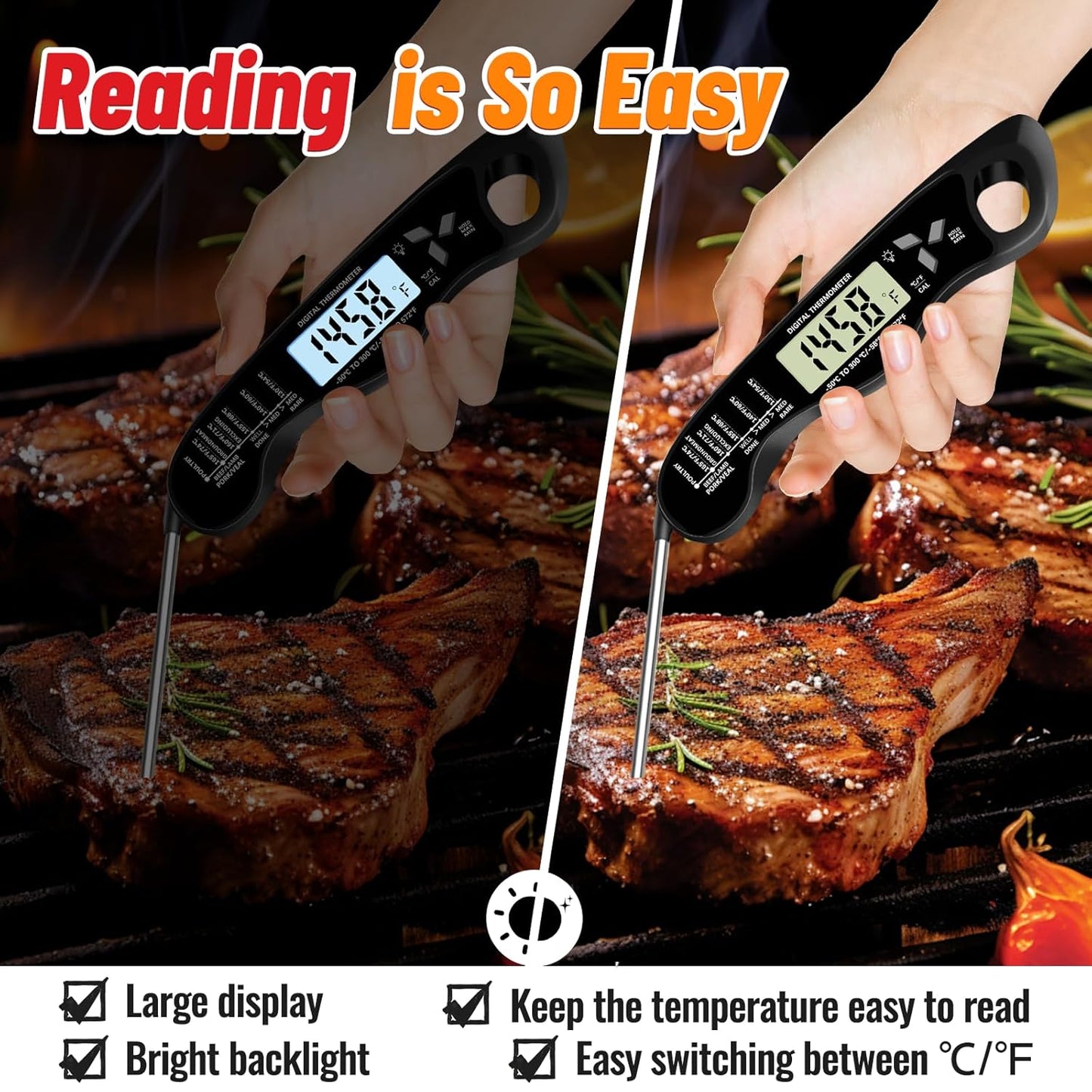 Meat Thermometer, IP67 Waterproof Digital Meat Thermometer with Backlight, Hold Function & Magnet for Grill, BBQ, Candy, Beef,Turkey，Gadgets Essentials BBQ Accessories,Mens Stocking Stuffers