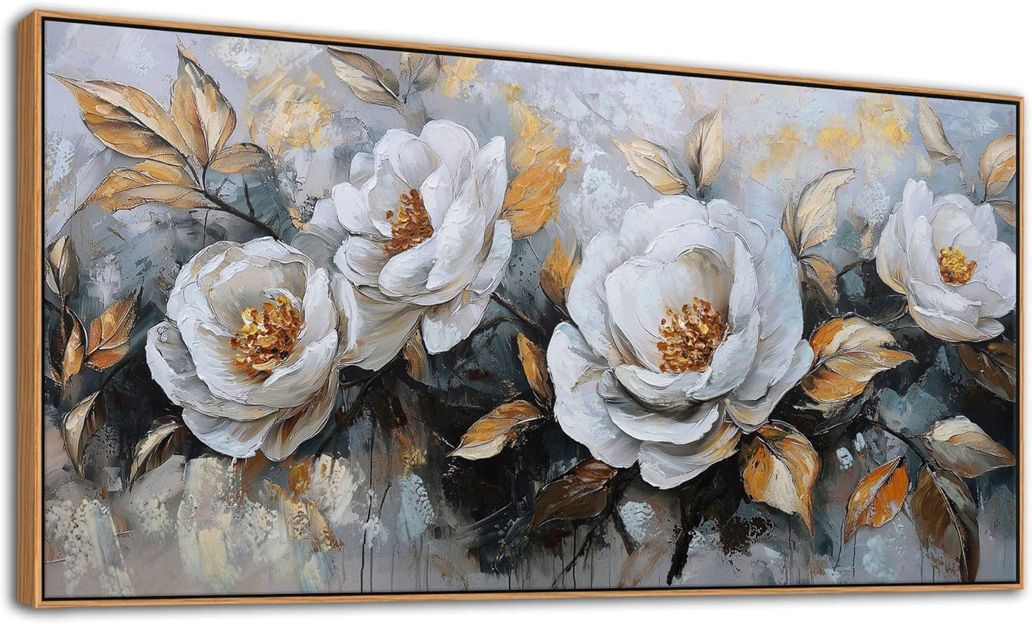 HKDGOKA Large Vintage Canvas Wall Art, White Gold Peony Flowers Paintings Abstract Floral Golden leaves Framed Artwork Picture for Living Room Bedroom Kitchen Home Office Decor 24x48 IN