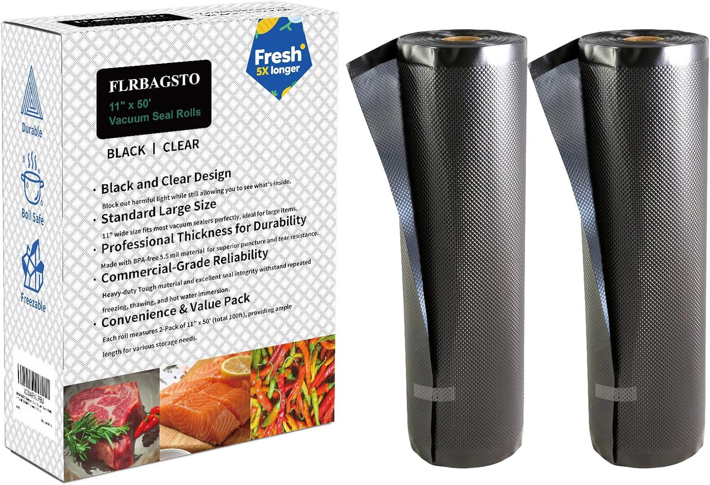Black and Clear Vacuum Sealer Rolls 11" x 50', 5.5 Mil Vacuum Seal Bags for Food Storage, Sous Vide, and Meal Prep, Heavy Duty Commercial Grade (2 Rolls, Total 100 Ft)