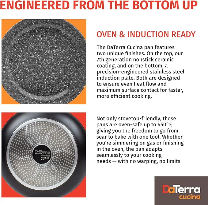 DaTerra Cucina - 9.5" Nonstick Ceramic Frying Pan - Made in Italy - Oven & Induction Safe - High Heat Resistant Nonstick Cookware - Dishwasher Safe - Volcanic Black Speckled